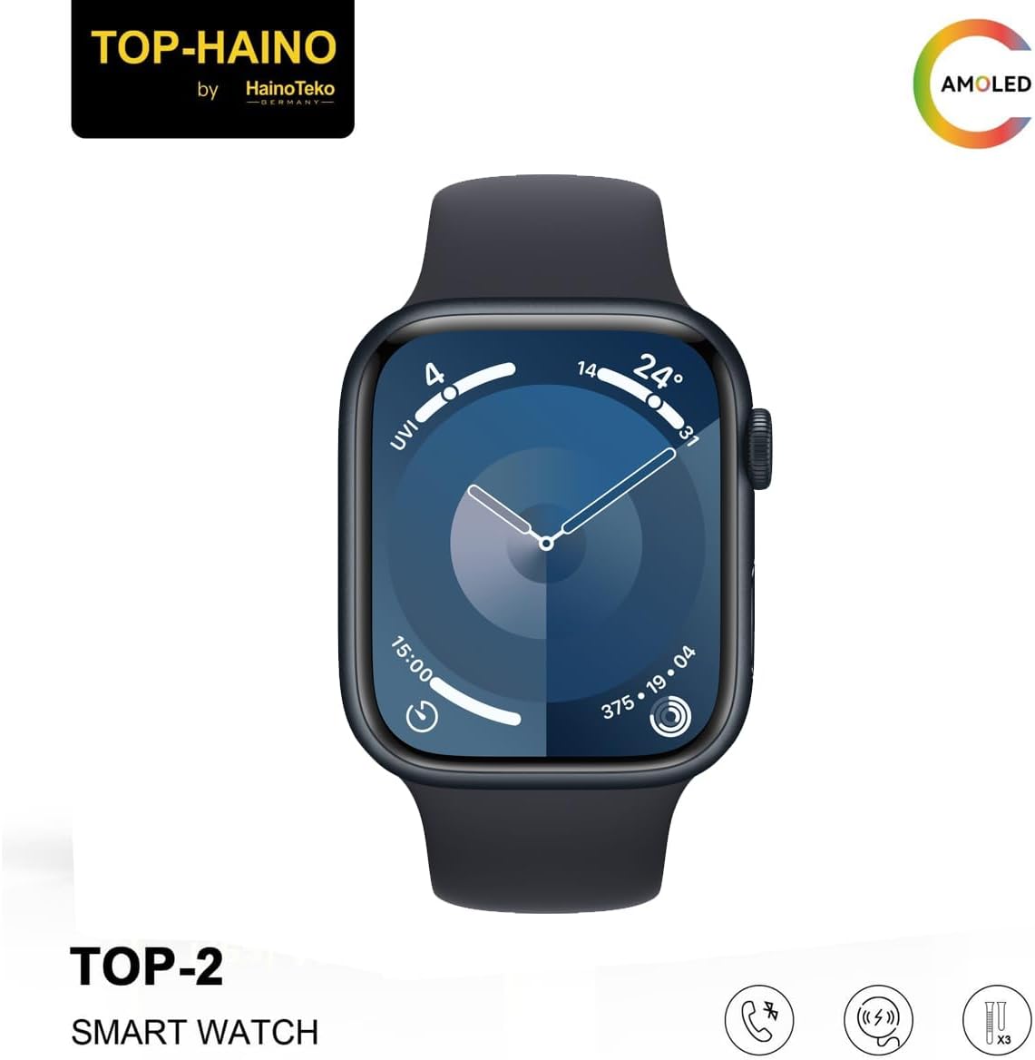 Top Haino By Haino Teko Germany TOP 2 ساعة ذكية كاملة الشاشة Real AMOLED Display Series 9 مع 3 أزواج من الأشرطة وشاحن لاسلكي 