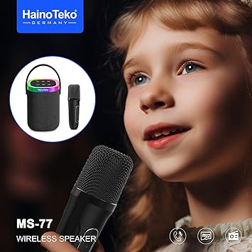 Generic Haino Teko MS-77 مكبر صوت بلوتوث محمول مع ميكروفون لاسلكي، ميكروفون مدمج، جهاز إرسال FM، شحن USB، أسود 