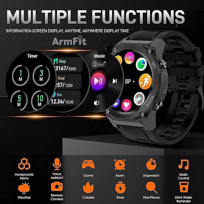 ساعة ذكية مع AMOLED Always On Display Smartwatches للرجال، ساعة بلوتوث مقاومة للماء للياقة البدنية مع مراقب نوم القلب لنظام Android iOS (أسود)